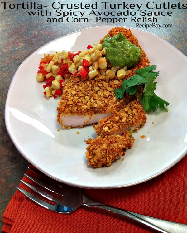 Tortilla Crusted Turkey Cutlets with Spicy Avocado Sauce