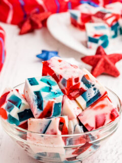 bowl of red white and blue jello
