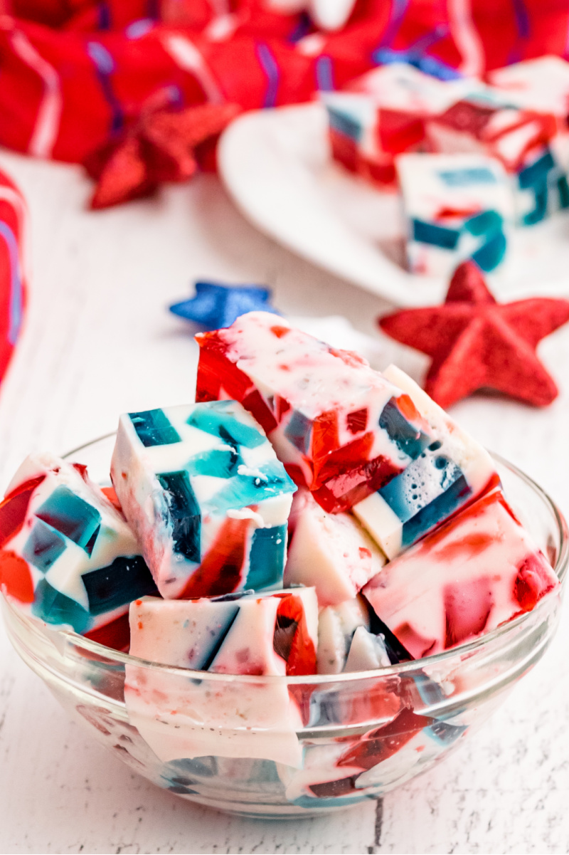 bowl of red white and blue jello