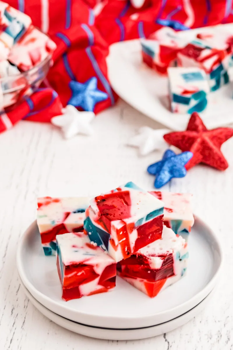 red white and blue jello on white plate