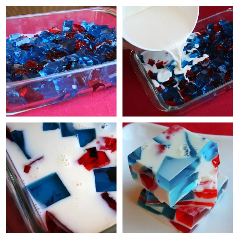4 photos showing process of making patriotic jello