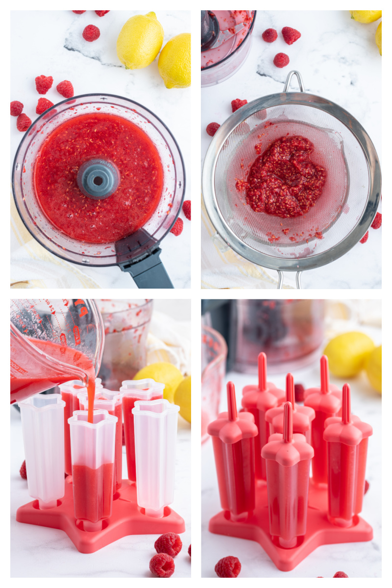 four photos showing how to make raspberry popsicles