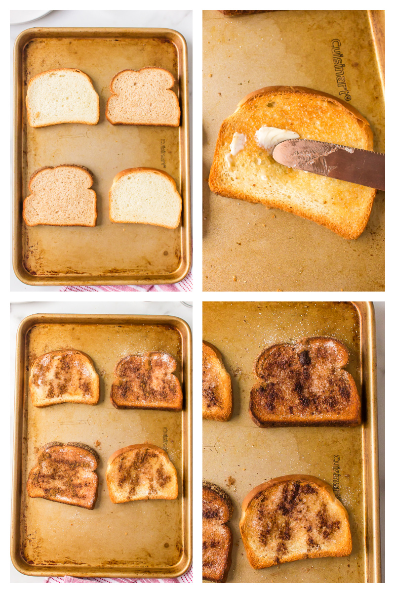 four photos showing how to make cinnamon toast on baking sheet