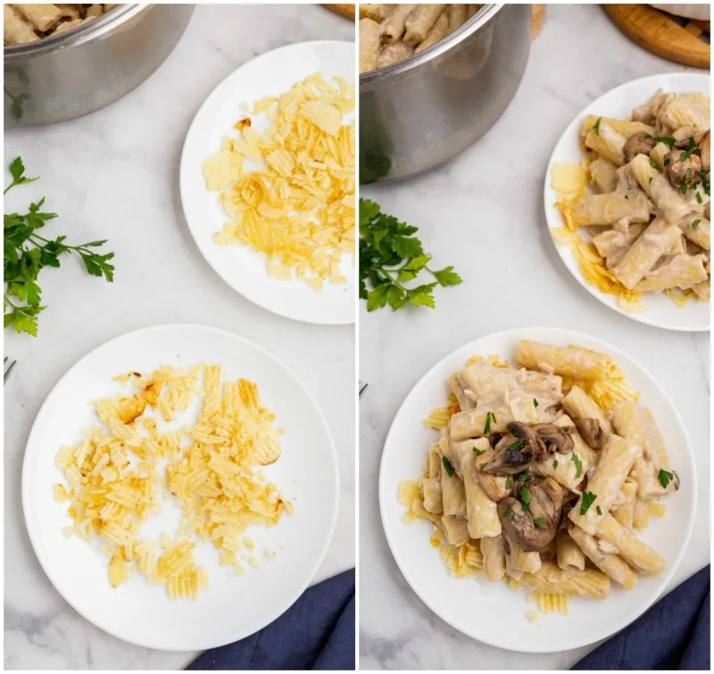 serving tuna casserole photo showing potato chips on plate, then tuna casserole on top in second pic
