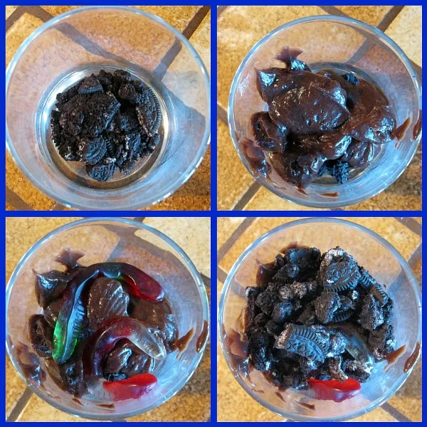 four photos showing process of assembling gummy worm mud cups