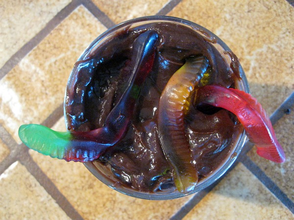 overhead shot of gummy worm mud cup