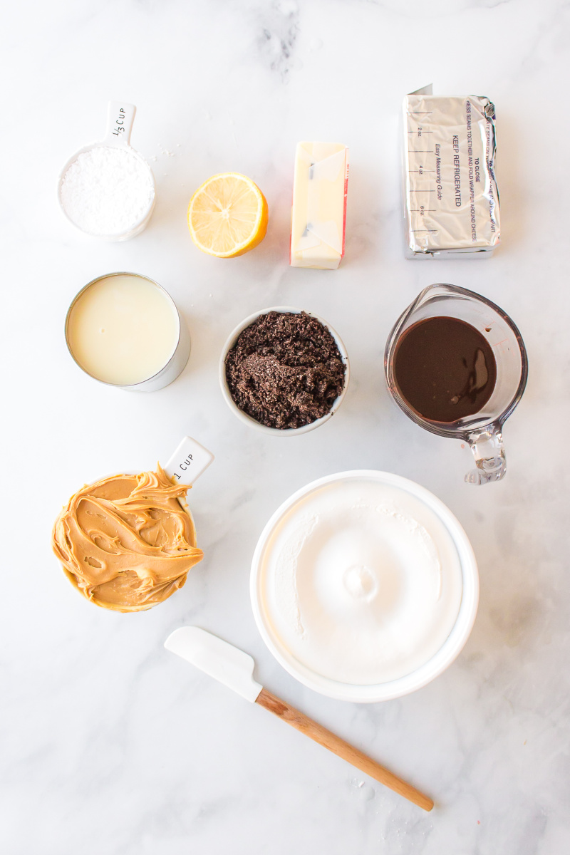 ingredients displayed for making peanut butter pie