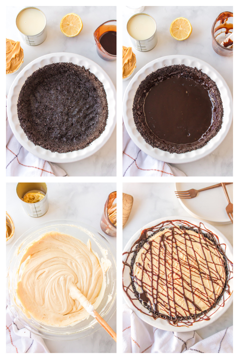 four photos showing how to make peanut butter pie