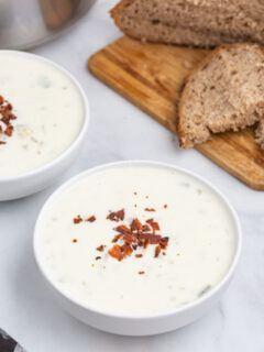 clam chowder in a white bowl