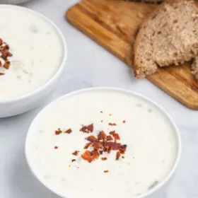 clam chowder in a white bowl