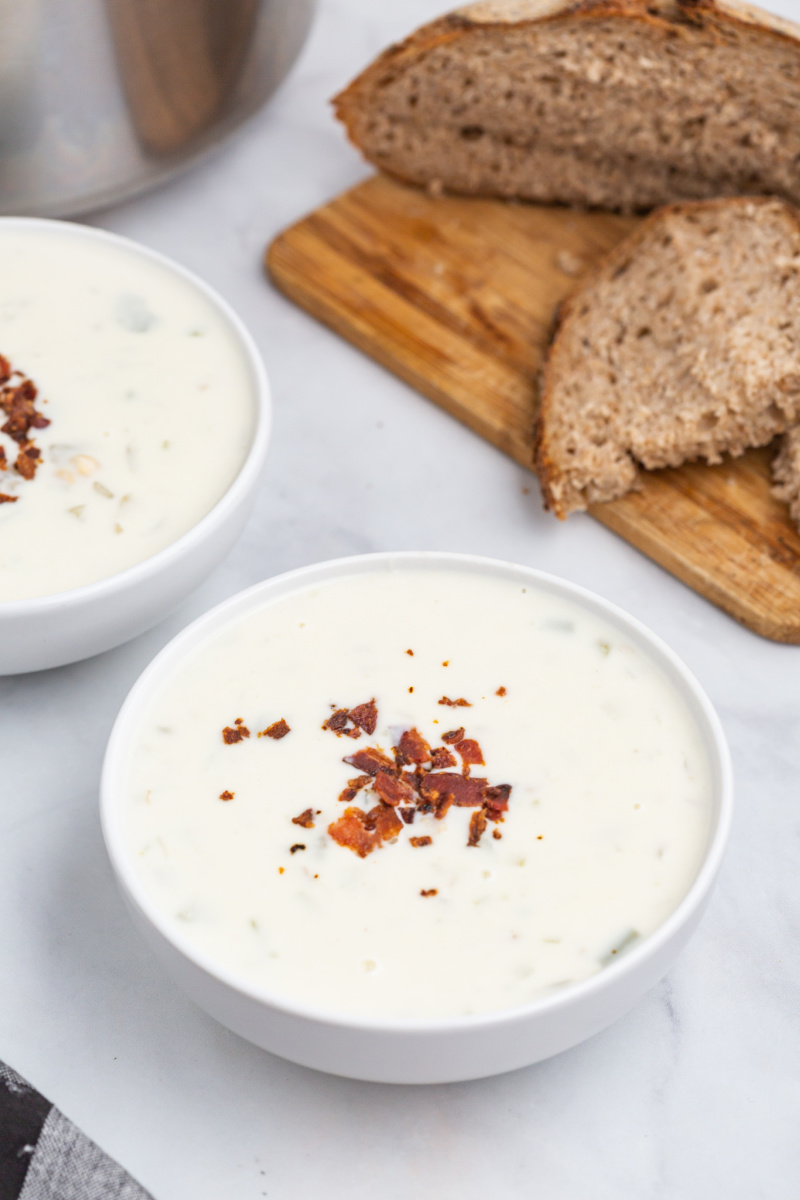 clam chowder in a white bowl