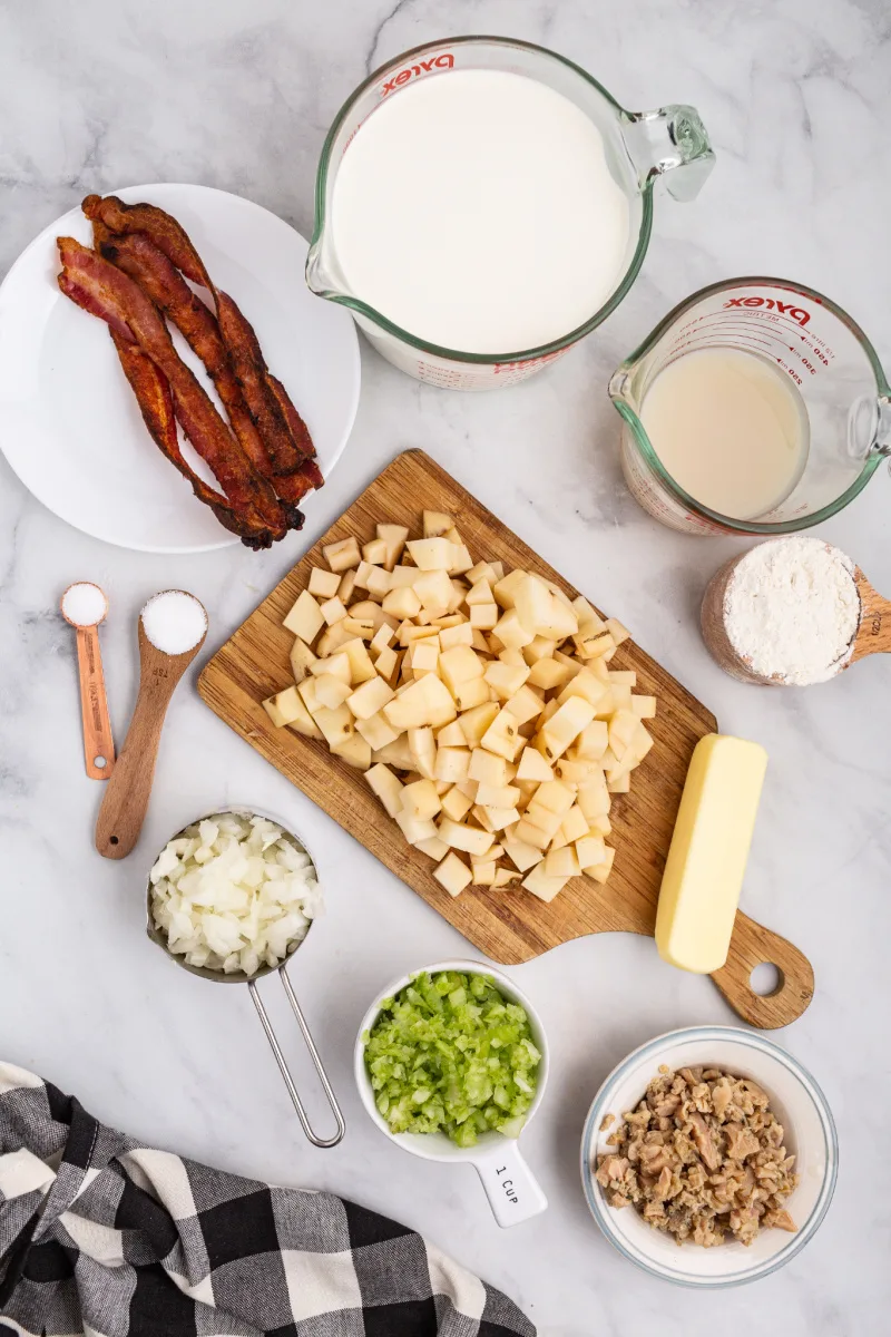 ingredients displayed for making clam chowder