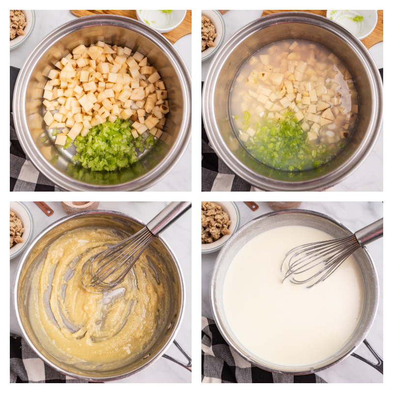 four photos showing process of clam chowder