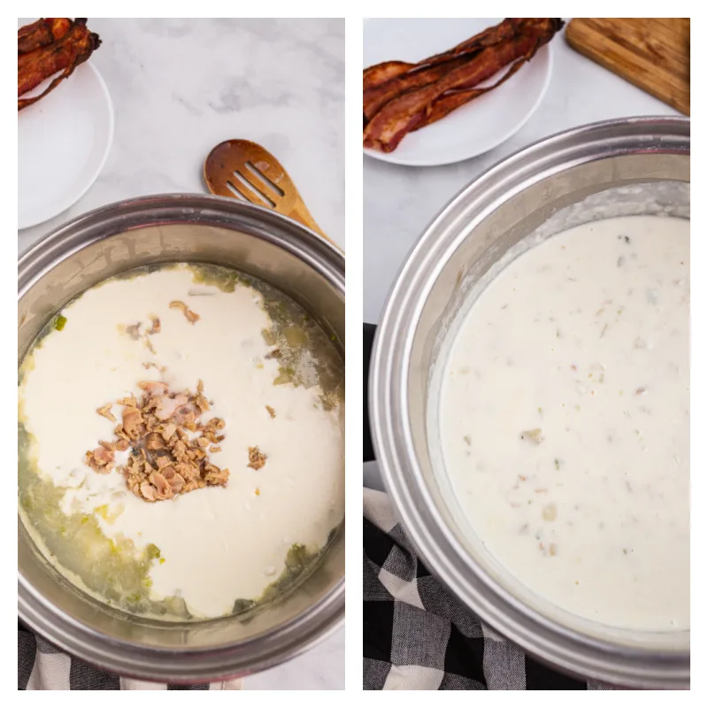 two photos showing process of making clam chowder