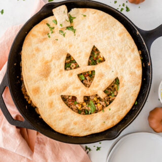 jack o lantern sloppy joe pie in a skillet