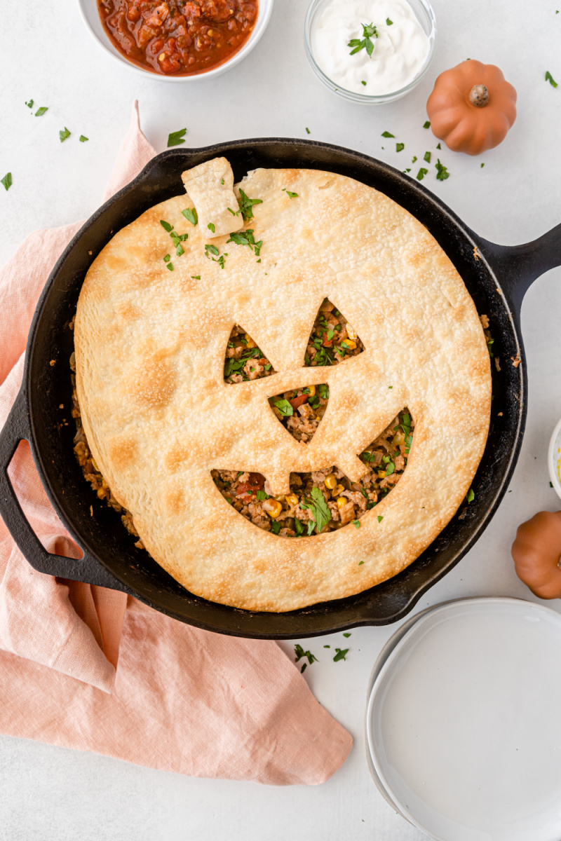 jack o lantern sloppy joe pie in a skillet