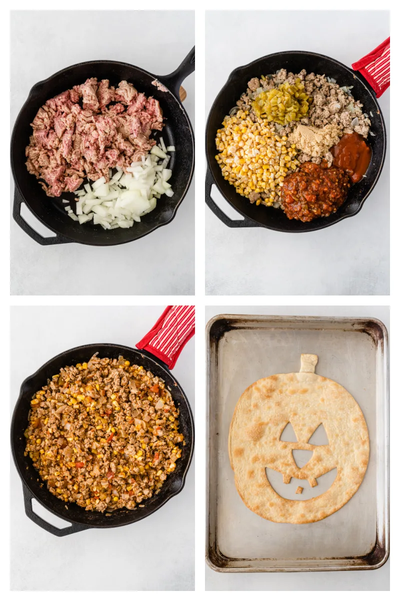 four photos showing how to make sloppy joe pie