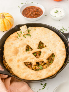 jack o lantern sloppy joe pie in a skillet