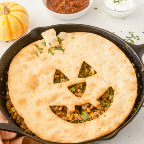 jack o lantern sloppy joe pie in a skillet