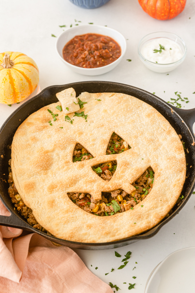 jack o lantern sloppy joe pie in a skillet