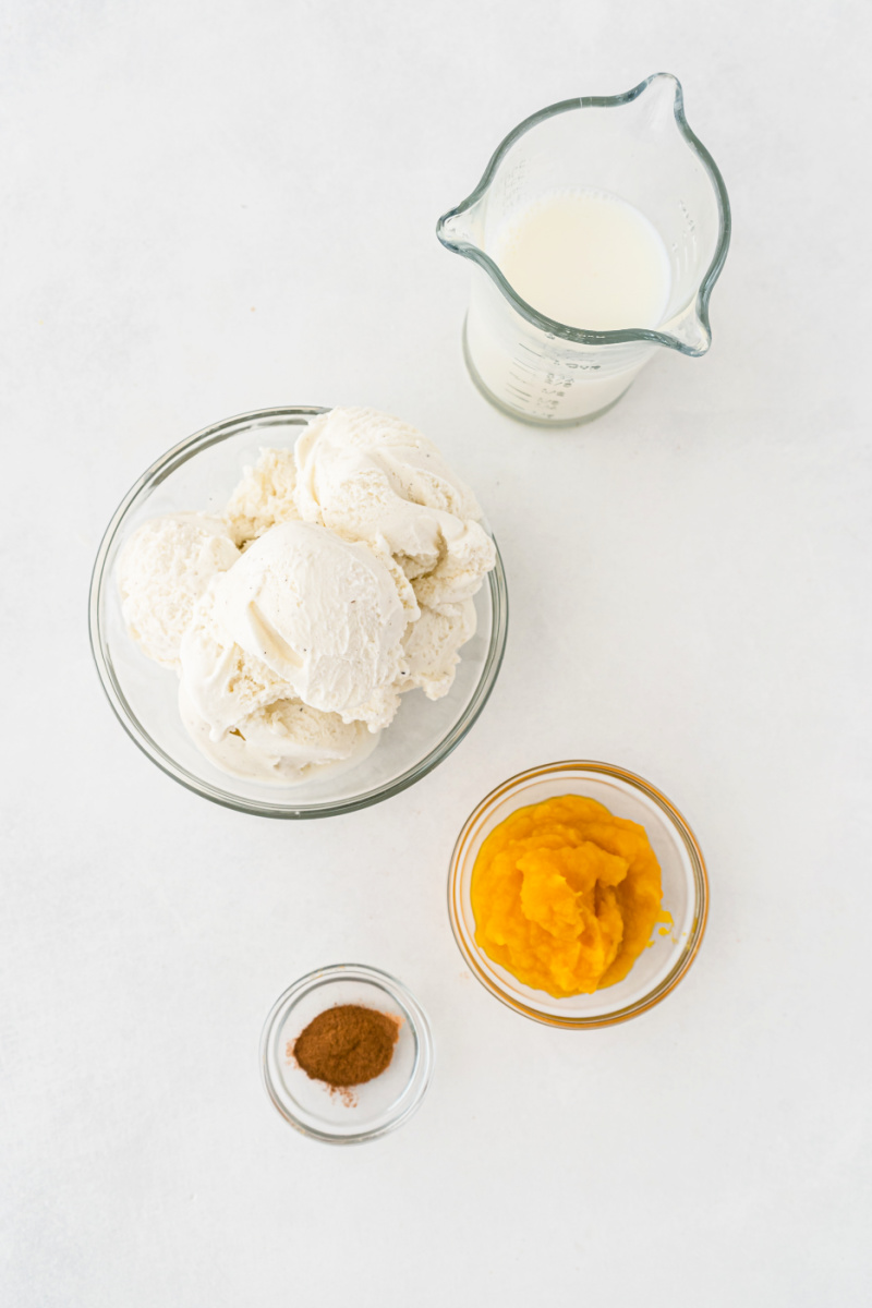 ingredients displayed for making pumpkin pie milkshake