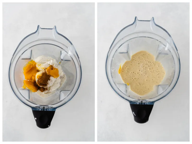 two photos showing blending milkshake in blender jar
