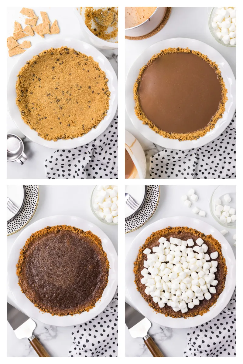 four photos showing how to assemble a S'Mores Pie