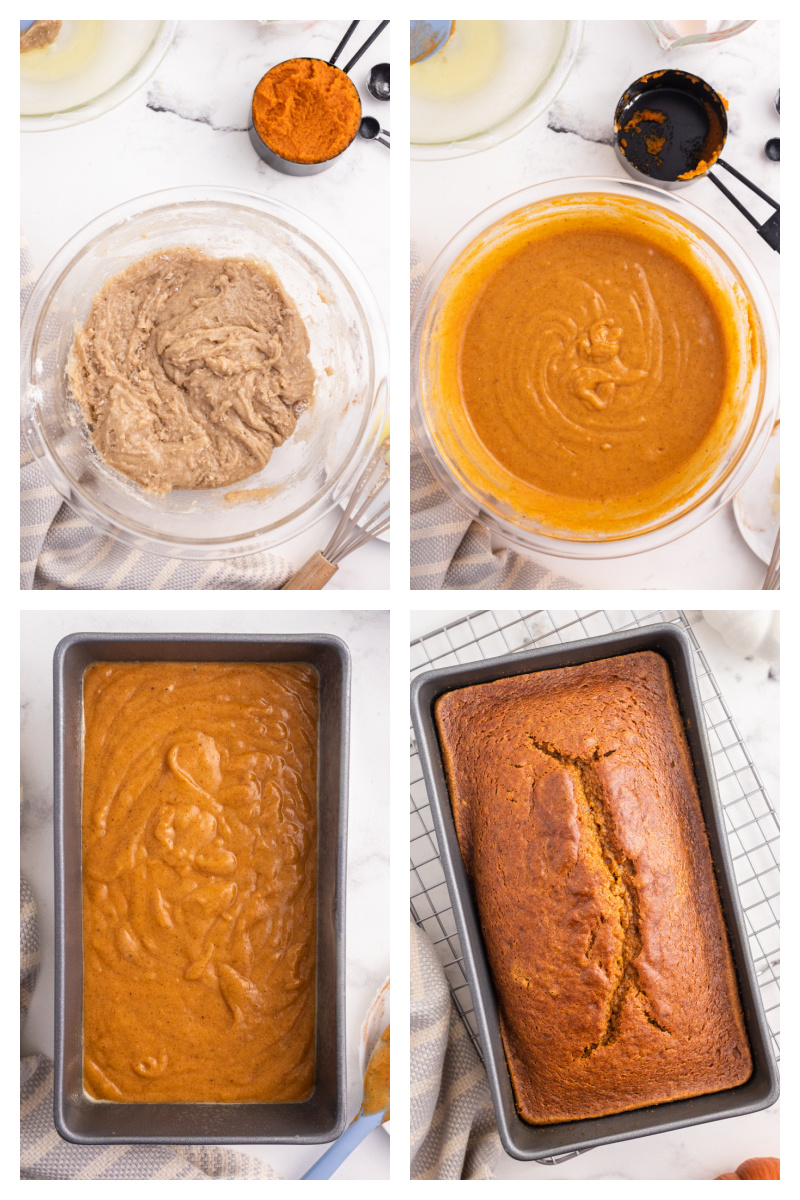 four photos showing how to make gluten free pumpkin bread