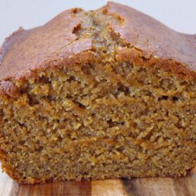 loaf of pumpkin bread sliced open