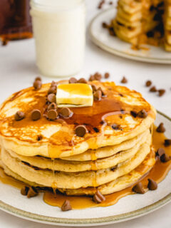 stack of peanut butter chocolate chip pancakes