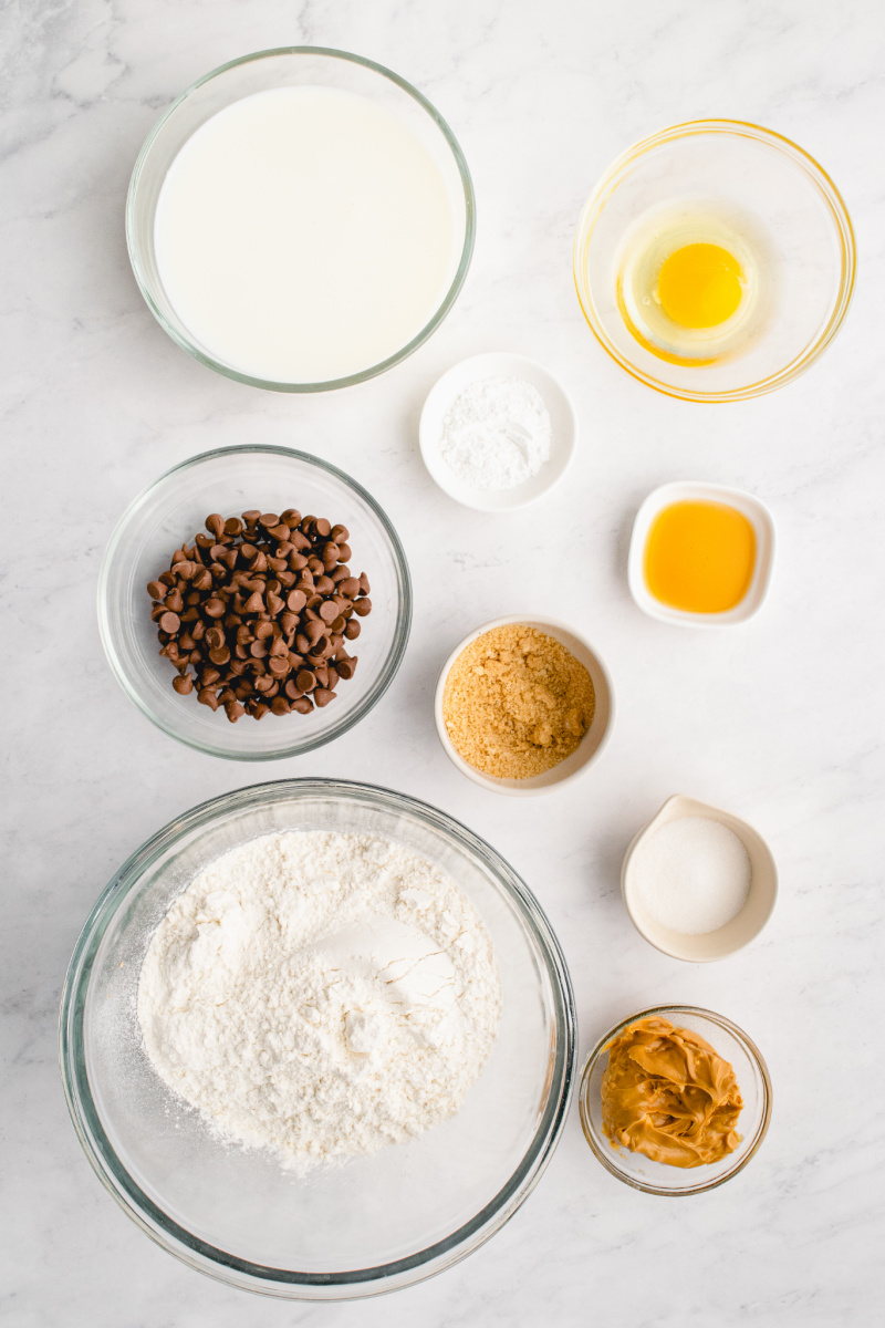 ingredients displayed for peanut butter chocolate chip pancakes