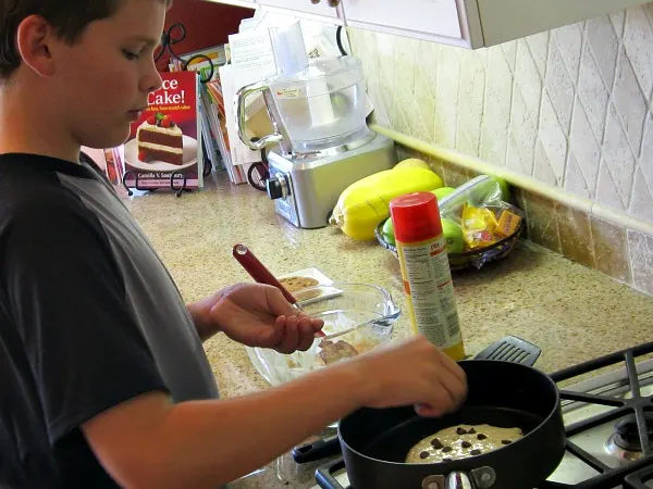 making Peanut Butter Pancakes with Chocolate Chips