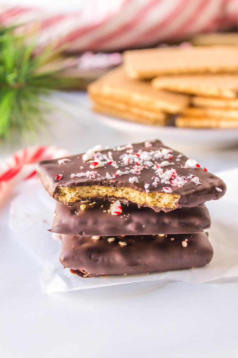 stack of candy cane grahams the top with a bite out of it