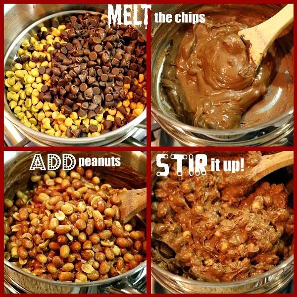 four photos showing process of making chocolate butterscotch peanut clusters