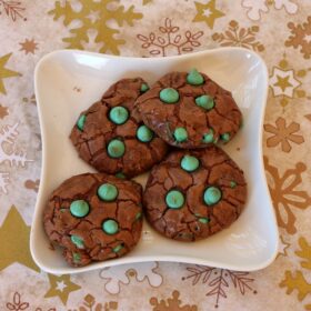 polka dot chocolate cookies on a white plate