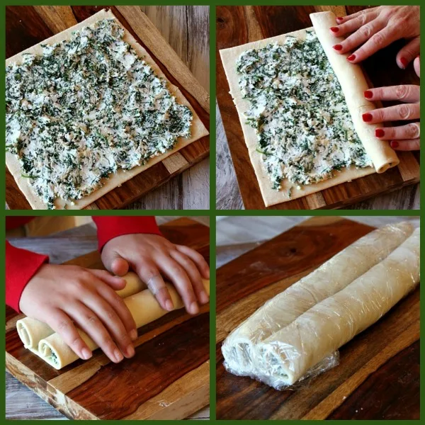 four photos showing process of making Spinach Palmiers