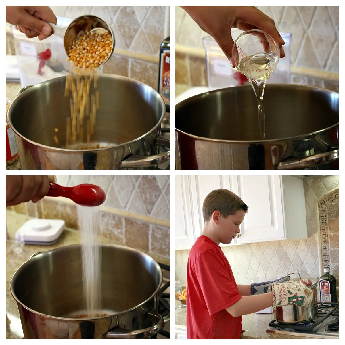 four photos showing how to make kettle corn on the stove