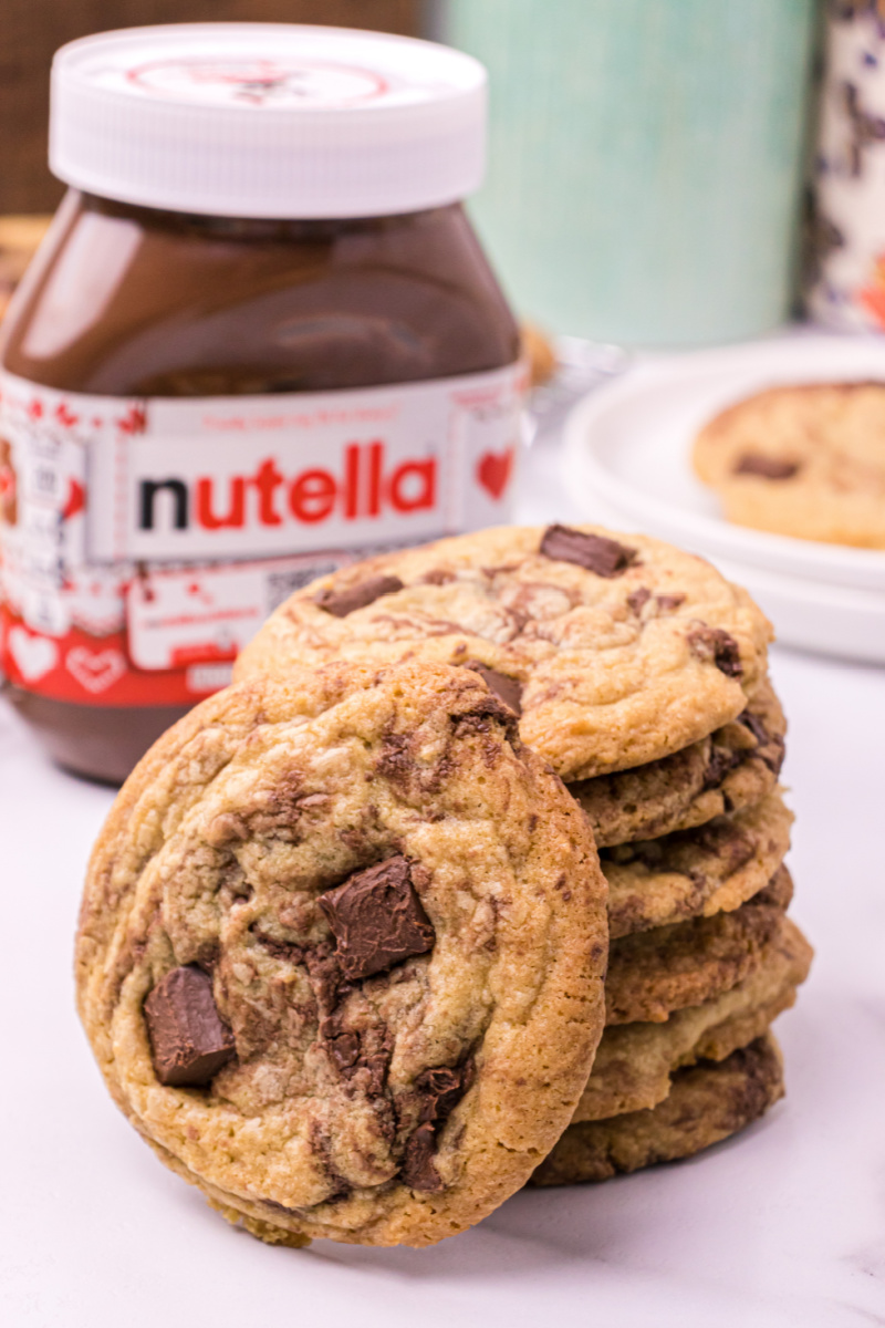 nutella cookies with a jar of nutella