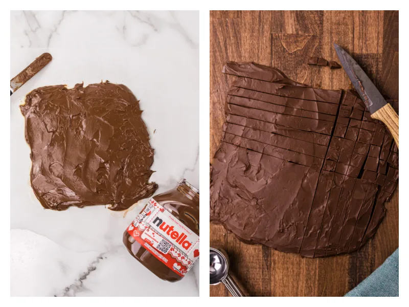 two photos showing turning nutella into chunks