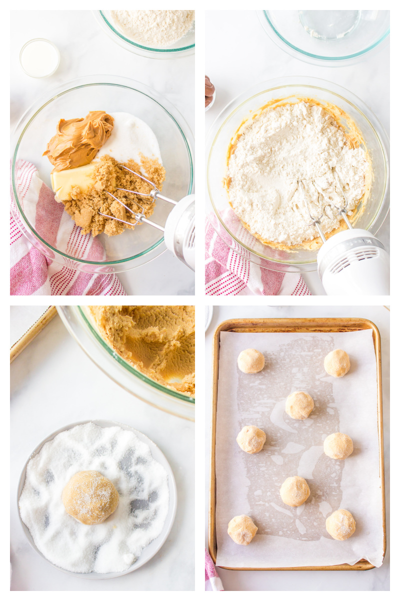 four photos showing how to make peanut butter cookies