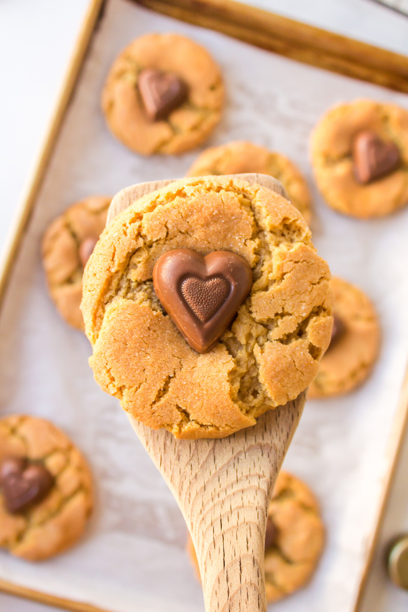 spatula holding up chocolate heart peanut butter cookie