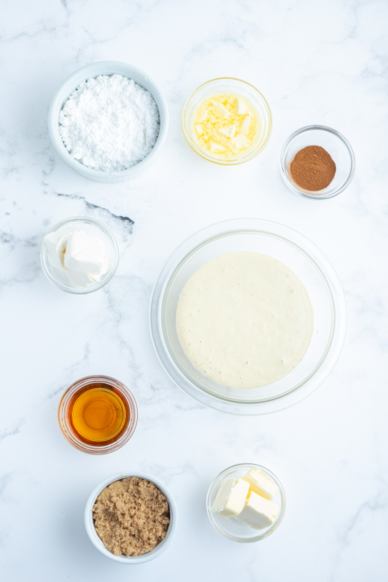 ingredients displayed for making maple cinnamon roll pancakes