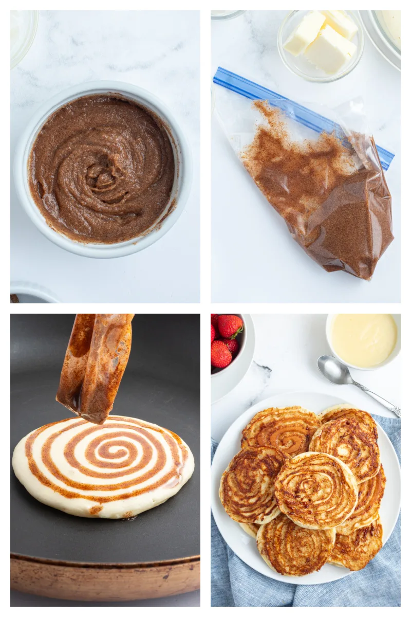 four photos showing how to make maple cinnamon roll pancakes