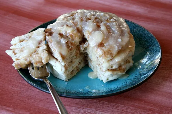 bite of Maple Cinnamon Roll Pancakes