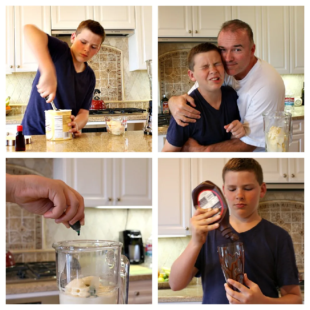 four photos showing process of making shamrock shake