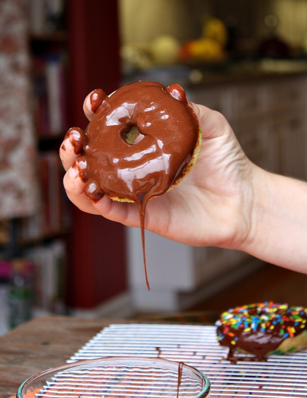 Cake Batter Doughnuts dipped in chocolate glaze