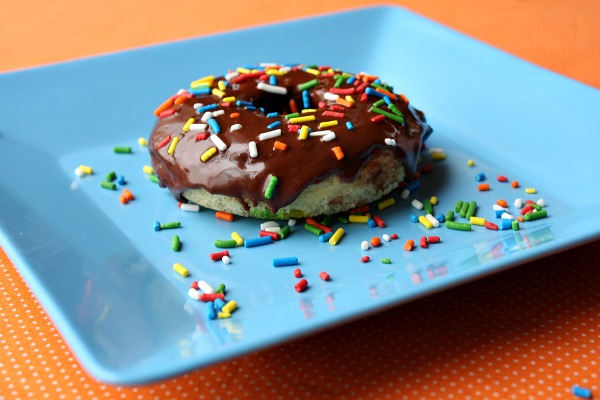 Cake Batter Doughnuts with chocolate glaze and sprinkles