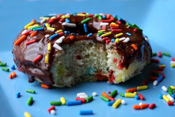 Cake Batter Doughnut with a bite