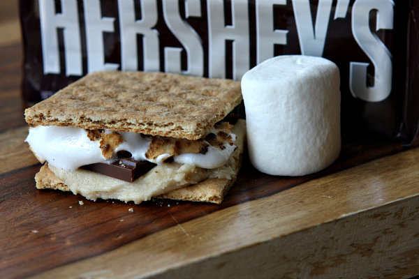 cookie dough s'mores with hershey bar and marshmallow