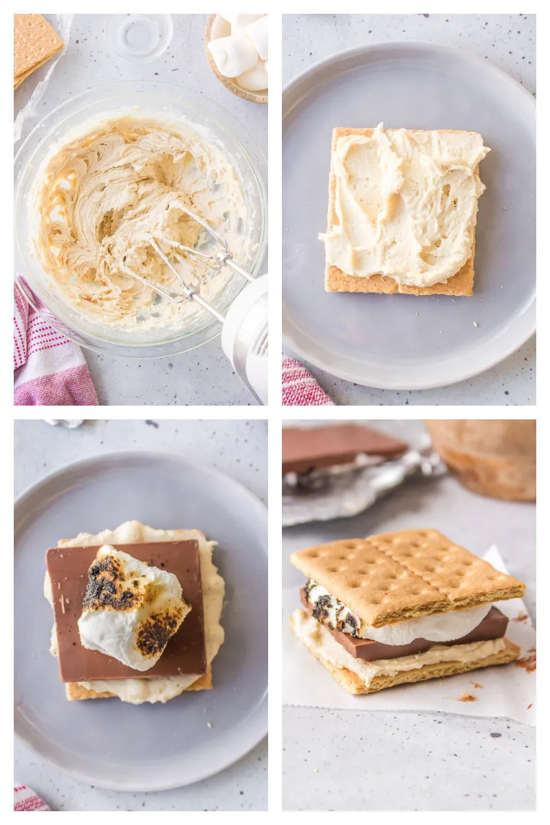 four photos showing how to assemble cookie dough s'mores